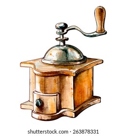 Old-fashioned manual coffee burr-mill. Outline sketch with a watercolor traced background in a separate layer isolated against white background. EPS10 vector illustration.