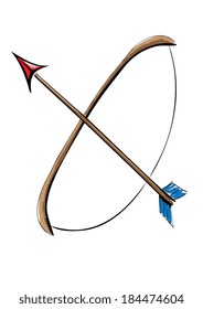 Old-fashioned medieval-styled colored sketch of bow and arrow 