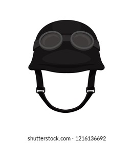 Old-fashioned motorcycle helmet with goggles. Protective headgear for biker. Black hard hat for motorcyclist. Flat vector icon