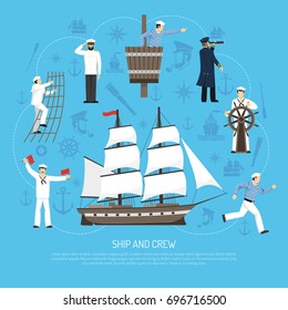 Old-fashioned multi masted sailing ship icons composition poster with sailor at helm wheel blue background vector illustration 