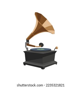 Old-fashioned music player cartoon illustration. Vintage gramophone, old device for listening to jazz or classic music and vinyl records isolated on white background. Entertainment, media concept