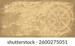 An old-fashioned nautical map featuring a ship sailing on water surrounded by outlines of land and a large compass design. The overall appearance is weathered and rustic.