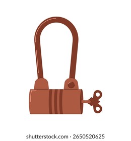 Old-fashioned padlock with a winding key in warm brown tones. Ideal for steampunk, vintage security themes, or retro technology illustrations.