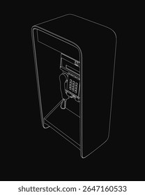 Um telefone público à moda antiga em preto e branco está isolado em um fundo escuro, evocando nostalgia. O esboço detalhado destaca o mostrador rotativo, o slot para moedas e o fone