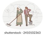 Old-fashioned people working in field . Vector Old-fashioned people in traditional clothes working in garden together. Old couple in ancient way do agriculture outdoors. Vector illustration.