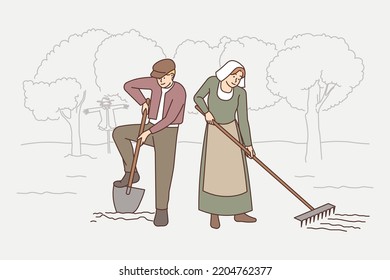 Old-fashioned people working in field . Vector Old-fashioned people in traditional clothes working in garden together. Old couple in ancient way do agriculture outdoors. Vector illustration. 