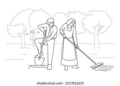 Old-fashioned People Working In Field . Vector Old-fashioned People In Traditional Clothes Working In Garden Together. Old Couple In Ancient Way Do Agriculture Outdoors. Vector Illustration. 