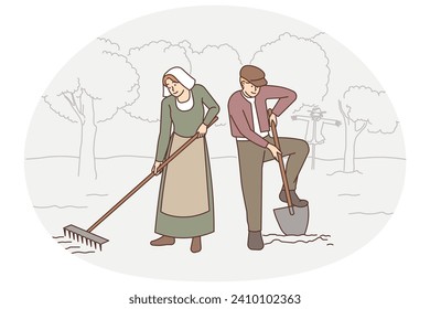 Old-fashioned people working in field . Vector Old-fashioned people in traditional clothes working in garden together. Old couple in ancient way do agriculture outdoors. Vector illustration. svg