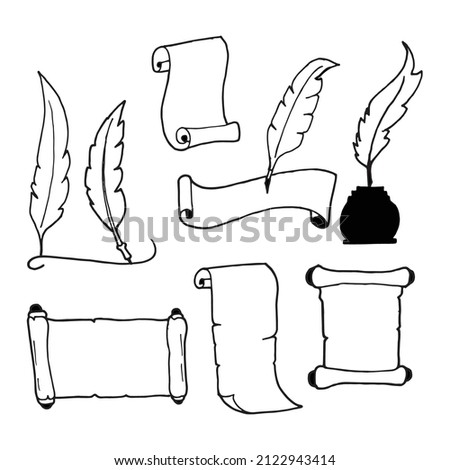 Old-fashioned Quill Pen and Ancient Paper Illustration: Hand-drawn Vector Set. Perfect for Historical Presentations, Literature-themed Designs, Antique-style Graphics, and Vintage Artwork