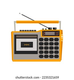 Old-fashioned radio with antenna recorder cartoon illustration. Cartoon drawing of vintage yellow tape recorder isolated on white background. Media, radio, entertainment concept