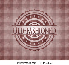 Old-fashioned red emblem or badge with abstract geometric pattern background. Seamless.