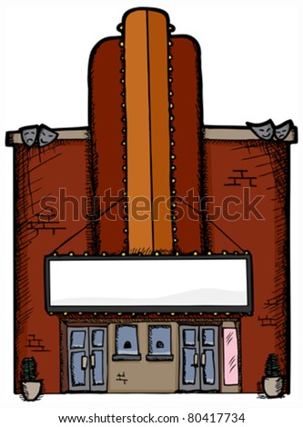 Old-fashioned or retro art deco style movie theatre with blank marquee