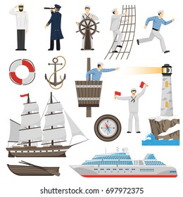 Old-fashioned sailing ship and modern cruise liner flat  icons set with anchor helm compass vector illustration 