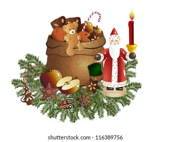 Old-fashioned Santa Claus with sack and gifts