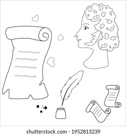 An old-fashioned scroll of poetry. An inkwell, a pen, and a scroll are literary symbols. The silhouette of the poet. Linear illustration, Vector isolated on white background
