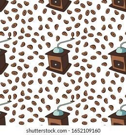antigua Impresión vectorial Seamless con molino de mango y granos de café. diseño interminable estilizado con bebida matutina. ilustración aroma sobre fondo blanco en estilo dibujado a mano. impresión de cafetería retro