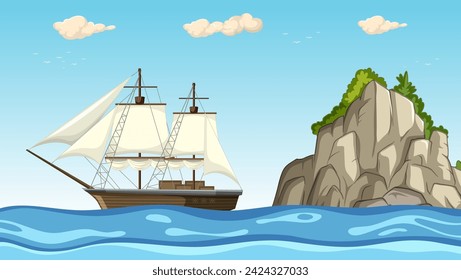 Old-fashioned ship sailing near a large cliff