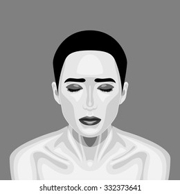 Old-fashioned sleeping Vampire beauty Woman. Halloween Vector black and white Portrait for Your Design