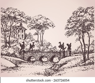 Old-fashioned stone bridge with cast statues over rivulet in royal romantic parkland with beautiful palace. Vector monochrome freehand ink drawn background sketchy in art antiquity style pen on paper