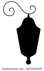 Old-fashioned street lamp. Glass lantern. Silhouette. Garden lamp hanging on curved mount. Vector illustration. Isolated white background. Idea for web design.