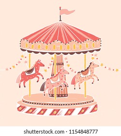 Old-fashioned style carousel, roundabout or merry-go-round with horses. Amusement ride for children's entertainment decorated with garlands. Colorful vector illustration in flat cartoon style