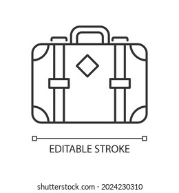 Old-fashioned style suitcase linear icon. Vintage luggage. Travel accessory. Antique leather bag. Thin line customizable illustration. Contour symbol. Vector isolated outline drawing. Editable stroke
