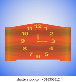 Old-fashioned table clock with gold digits and redwood clock face. Isolated on a blue background. Vector.