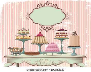 Old-fashioned table is set with different cakes. All objects are grouped and separated to layers