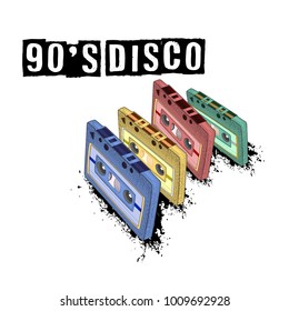 Old-fashioned tape audio cassette, symbol of retro music. Analog media for recording and listening to stereo music. 80's party,  pop music party 1990, vintage night. Easy editable poster design.