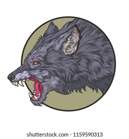 Old-fashioned tattoo. A wolf with an open mouth.