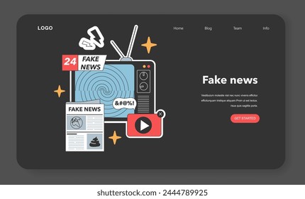 Old-fashioned television broadcasts swirling fake news, accompanied by a deceptive newspaper and misleading video icon. Flat vector illustration