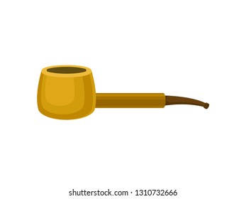 Old-fashioned tobacco pipe with brown wooden filter. Bright yellow tube. Classic smoking equipment. Flat vector icon