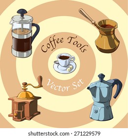 Old-fashioned tools for making good coffee. Outline sketch with color and shading on separate layers isolated on a bright background. EPS10 vector set.