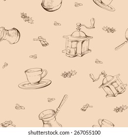 Old-fashioned tools and spices for making good coffee. Sketch style seamless pattern. EPS10 vector set