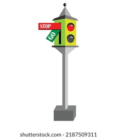 old-fashioned traffic light with two lights, bright red and a stop sign