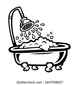 Old-fashioned vintage clawfoot bathtub with showerhead and bubbles -- in fun cartoon illustration style