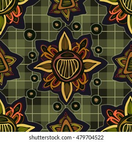 An old-fashioned vintage seamless pattern. Graphic hand drawn flowers on a cell  background. Orange and green colors. Can be used for wallpaper, pattern fills, web page background, surface textures