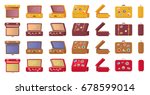 Old-fashioned vintage suitcases with travel-themed stickers from all sides view isolated vector illustrations set on white background.