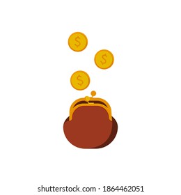 An old-fashioned wallet, dollars, coins falling inside. Vector illustration, flat cartoon color minimal design isolated on white background, eps 10.