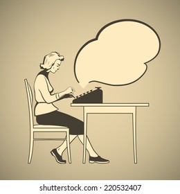 Old-fashioned young woman sitting on a chair and typing on a typewriter retro style vector illustration with empty text cloud