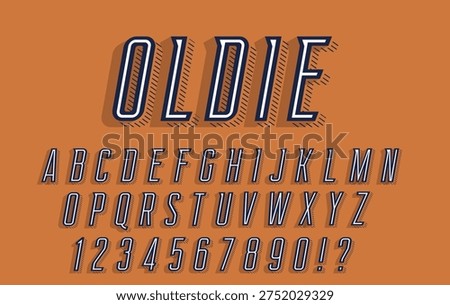 Oldie Retro Font - Navy Blue Inline Striped Alphabet with Hatched Shadow on Orange Background
