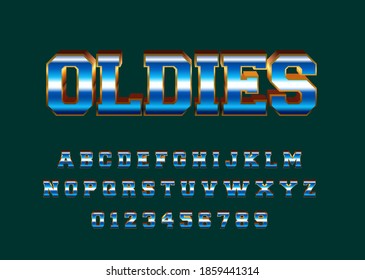 Oldies 80s metallic font alphabet. Custom typeface template. Font style effect