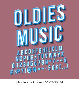 Oldies Music Vintage 3d Vector Lettering. Retro Bold Font, Typeface. Pop Art Stylized Text. Old School Style Letters, Numbers, Symbols, Elements Pack. 90s, 80s Poster, Banner. Redwood Color Background