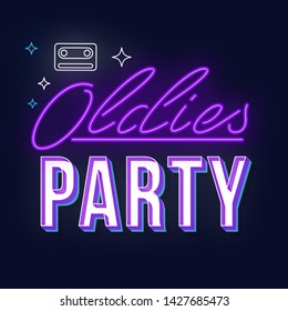 Oldies party vintage 3d vector lettering. Retro bold font, typeface. Pop art stylized text. Old school style neon light letters. 90s, 80s poster, banner. Dark violet color background