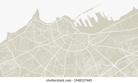 Oldlace white vector background map, Casablanca city area streets and water cartography illustration. Widescreen proportion, digital flat design streetmap.