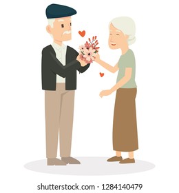 A oldman give a gift for his wife in valentine day