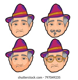 Oldman in hat avatars in flat style