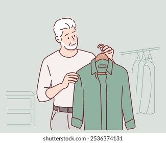 Oldman sucht Kleidung im Modegeschäft. Handgezeichnete Vektordesign-Illustrationen.