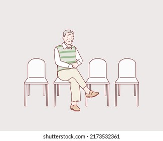 oldman sitting in a waiting room. Hand drawn style vector design illustrations.