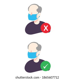 oldman wearing medical masks correctly and wrongly with sign, to prevent illness, flu, air pollution, polluted air, world pollution with vector illustration in flat style